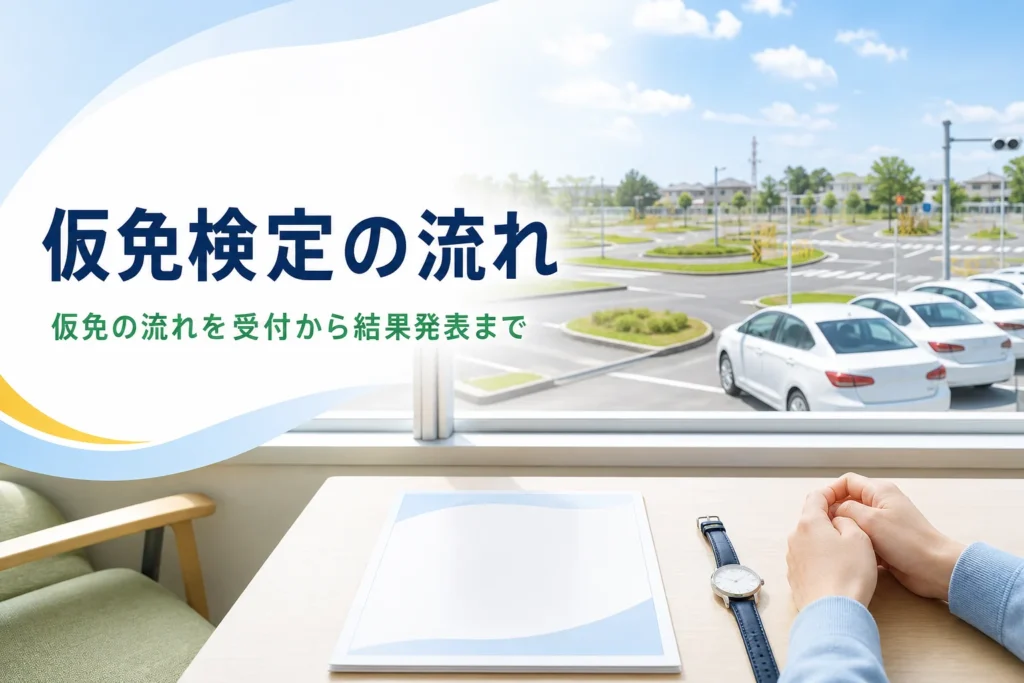 仮免検定の流れを当日の順番で紹介する記事のアイキャッチ。教習所の待合から見えるコース