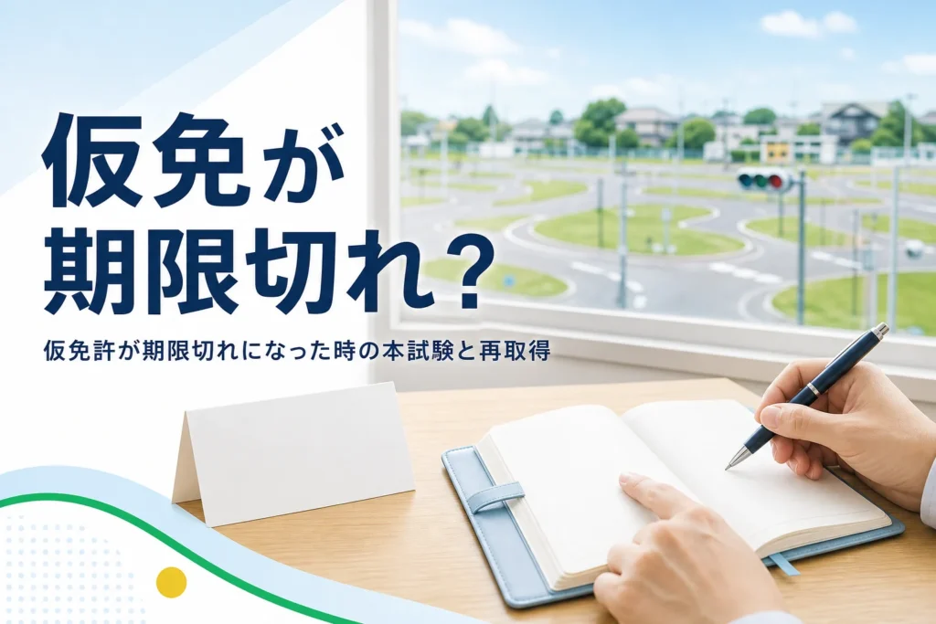 仮免許が期限切れになった時に本試験を受けられるかと再取得の流れを紹介する記事のアイキャッチ。手帳と無地のカード