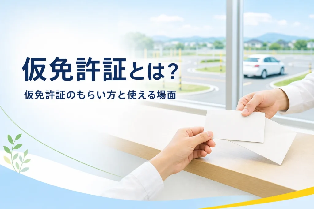 仮免許証のもらい方や見た目、身分証として使えるかを紹介する記事のアイキャッチ。受付で無地のカードを受け取る手元