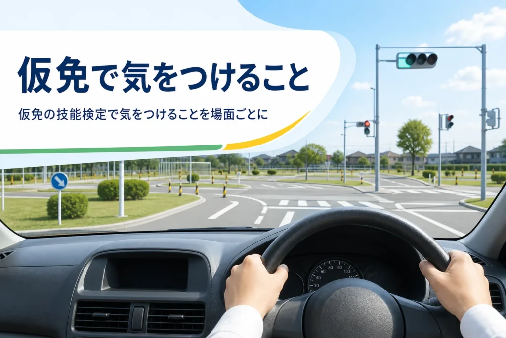仮免の技能検定で気をつけることと前日の準備を紹介する記事のアイキャッチ。教習車の運転席から見たコース
