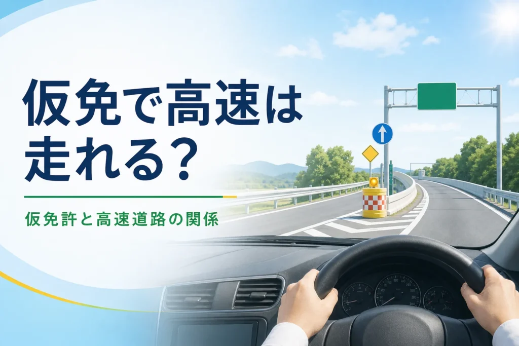 仮免許で高速道路は走れるのかを紹介する記事のアイキャッチ。運転席から見た高速道路へ続く道