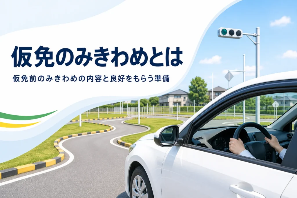 仮免前のみきわめの内容と、良好をもらえない時の理由を紹介する記事のアイキャッチ。教習所のS字コースと教習車
