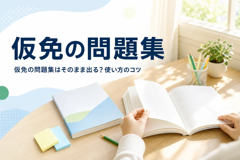 仮免の問題集や過去問がそのまま出るのか、使い方を紹介する記事のアイキャッチ。机の上の問題集と教本