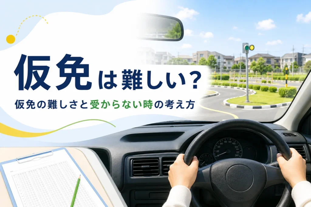 仮免の学科と技能の難しさと、受からない時の考え方を紹介する記事のアイキャッチ。教習所のコースを運転席から見た景色