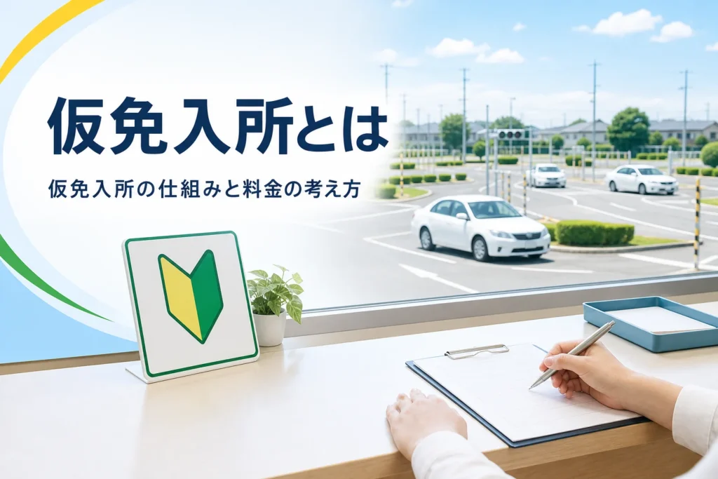 仮免許を持って教習所に入る仮免入所の仕組みと料金の考え方を紹介する記事のアイキャッチ。教習所の受付に置かれた書類