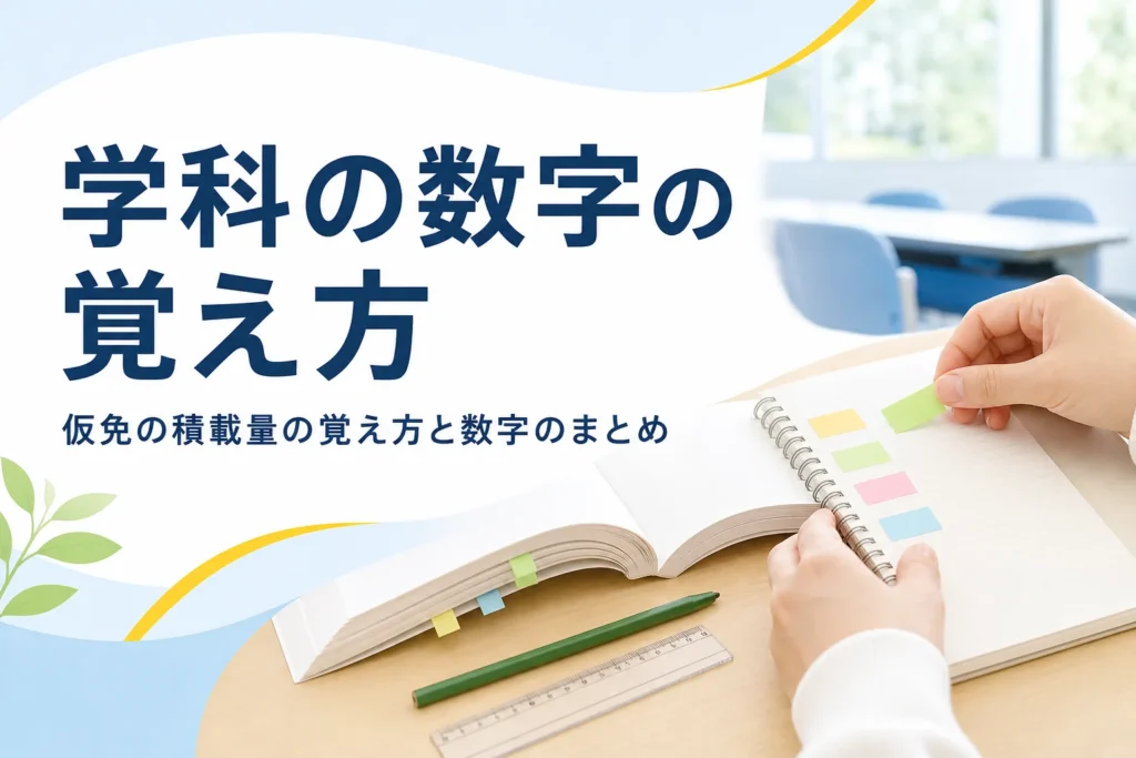 仮免学科で出る数字と積載量の覚え方を紹介する記事のアイキャッチ。色分けした付箋を貼ったノートと教本