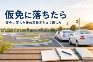 仮免に落ちた後の再検定の流れと立て直し方を紹介する記事のアイキャッチ。夕方の教習所のコース