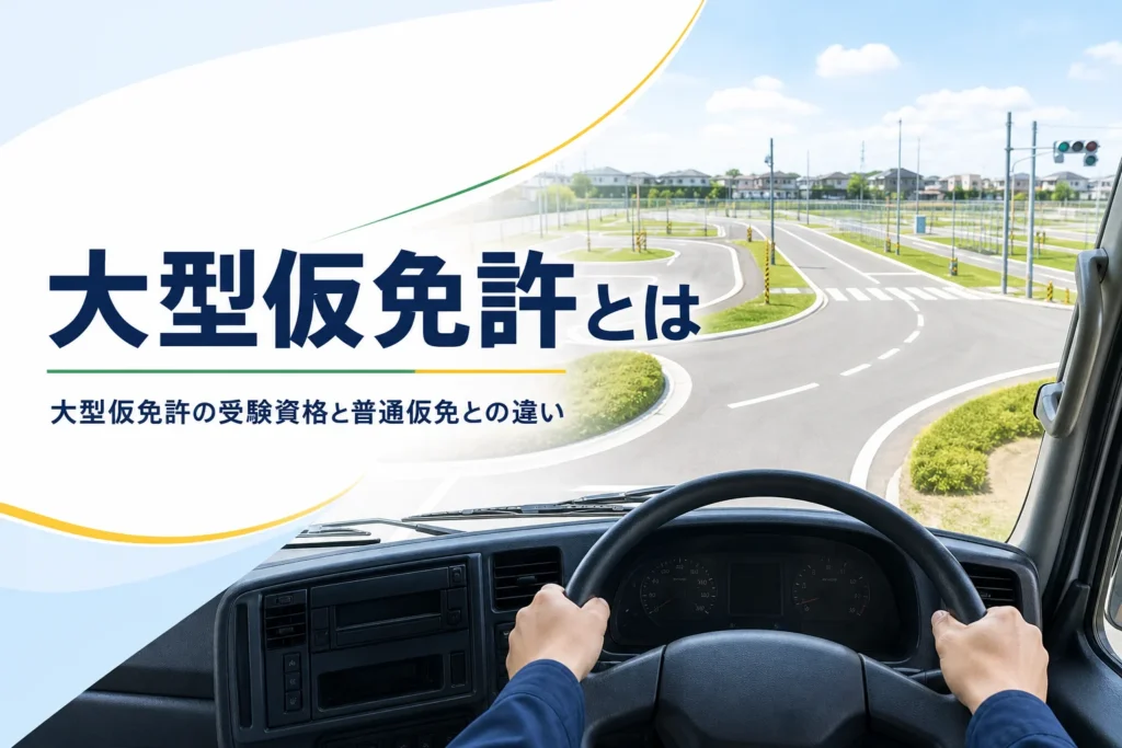 大型仮免許の受験資格と試験、普通仮免との違いを紹介する記事のアイキャッチ。大型トラックの運転席から見た教習所のコース