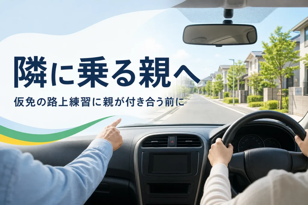 仮免の子どもの路上練習に親が付き合う時に知っておくことを紹介する記事のアイキャッチ。運転席と助手席の手元