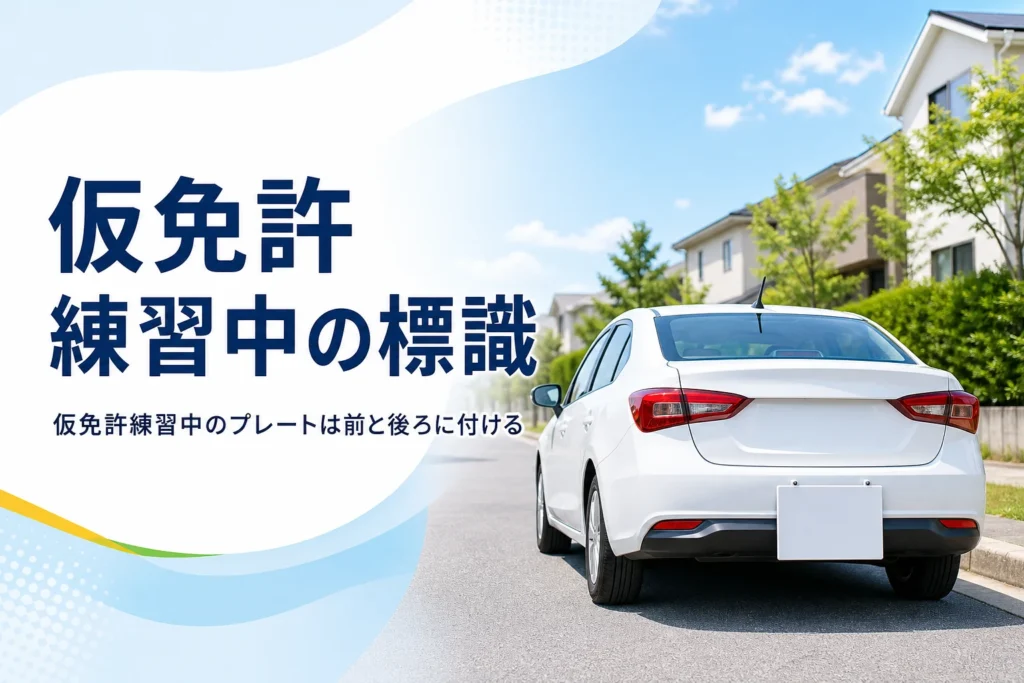 仮免許練習中の標識（プレート）の付ける位置と大きさを紹介する記事のアイキャッチ。後ろに白い標識を付けた練習用の車