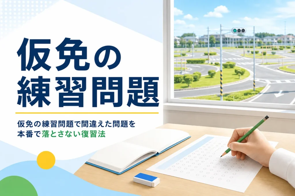 仮免の練習問題の使い方と復習法を紹介する記事のアイキャッチ。学科教室の机と解答用紙