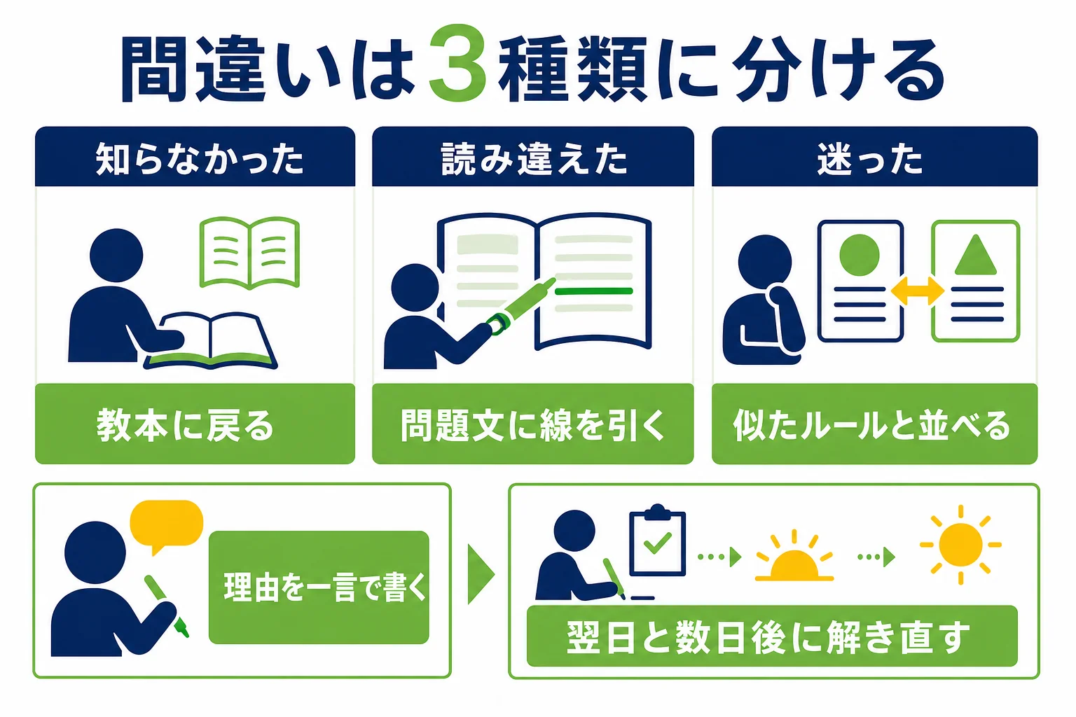 練習問題の間違いを、知らなかった・読み違えた・迷ったの3種類に分けて直し方を示した図解