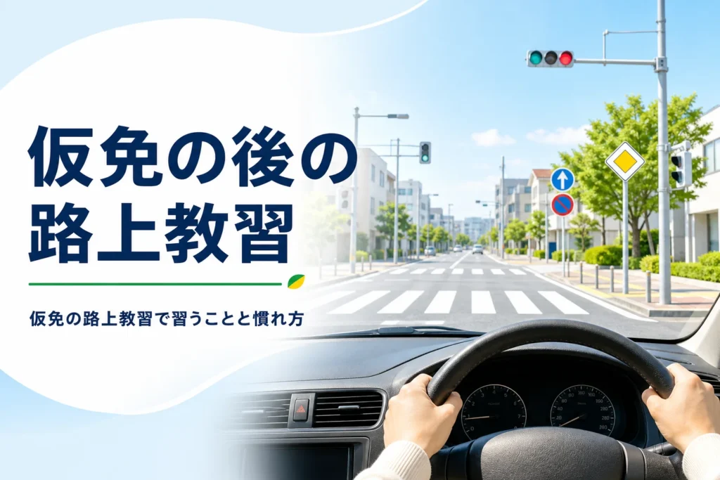 仮免の後の路上教習（第二段階）で習うことを紹介する記事のアイキャッチ。運転席から見た市街地の交差点