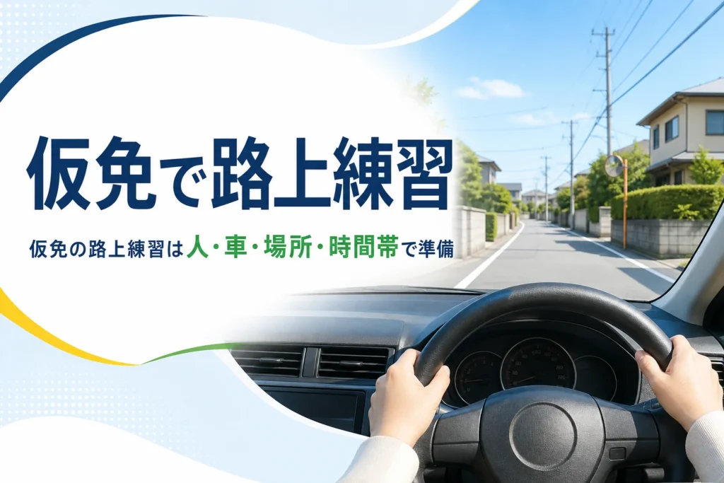 仮免で路上練習する時の準備と流れを紹介する記事のアイキャッチ。住宅街の道を運転席から見た様子