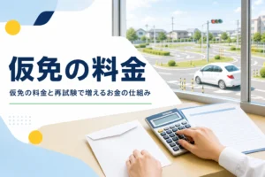 仮免の料金と再試験の追加料金の仕組みを紹介する記事のアイキャッチ。教習所の受付に置かれた封筒と電卓
