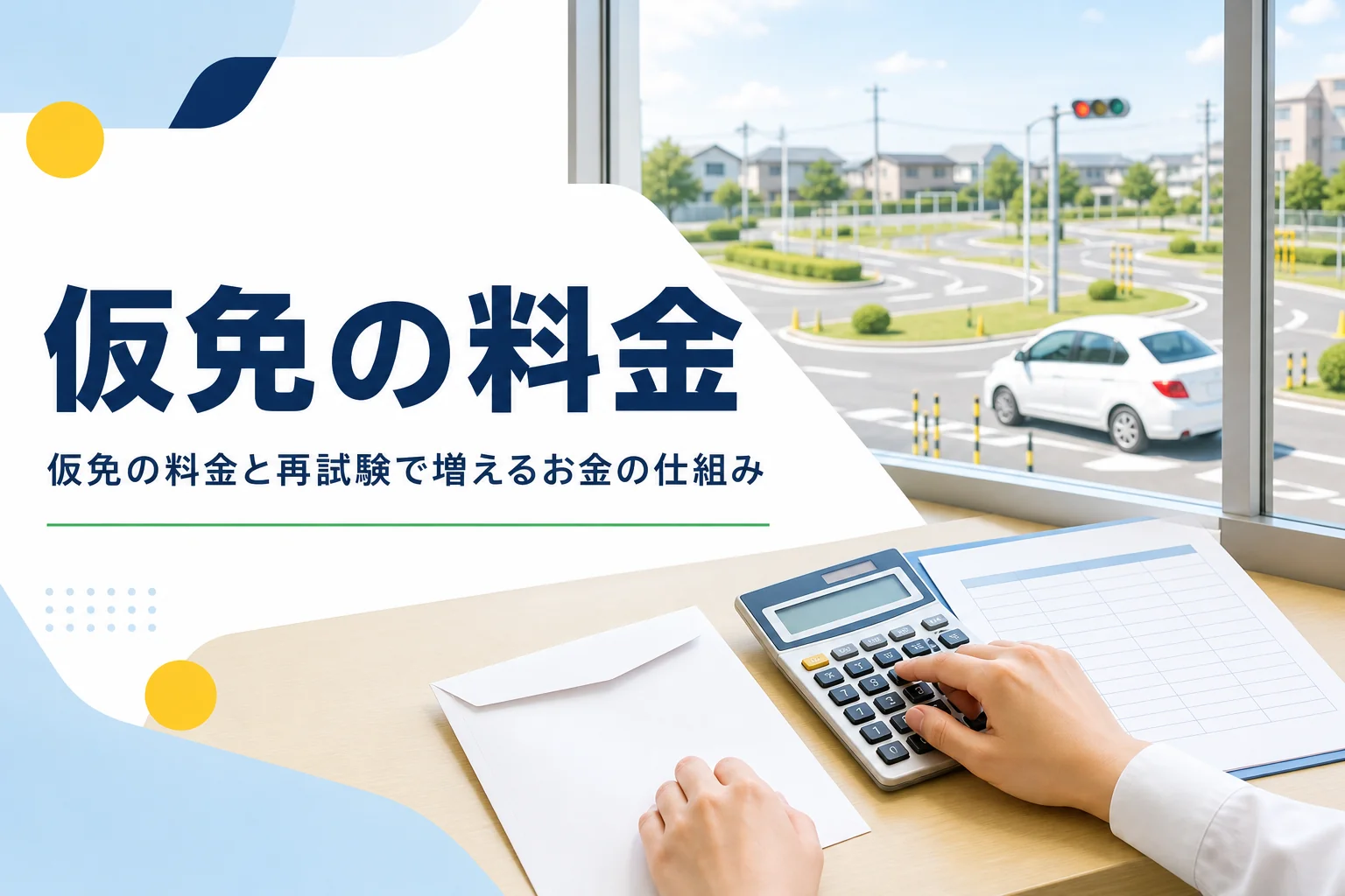 仮免の料金と再試験の追加料金の仕組みを紹介する記事のアイキャッチ。教習所の受付に置かれた封筒と電卓