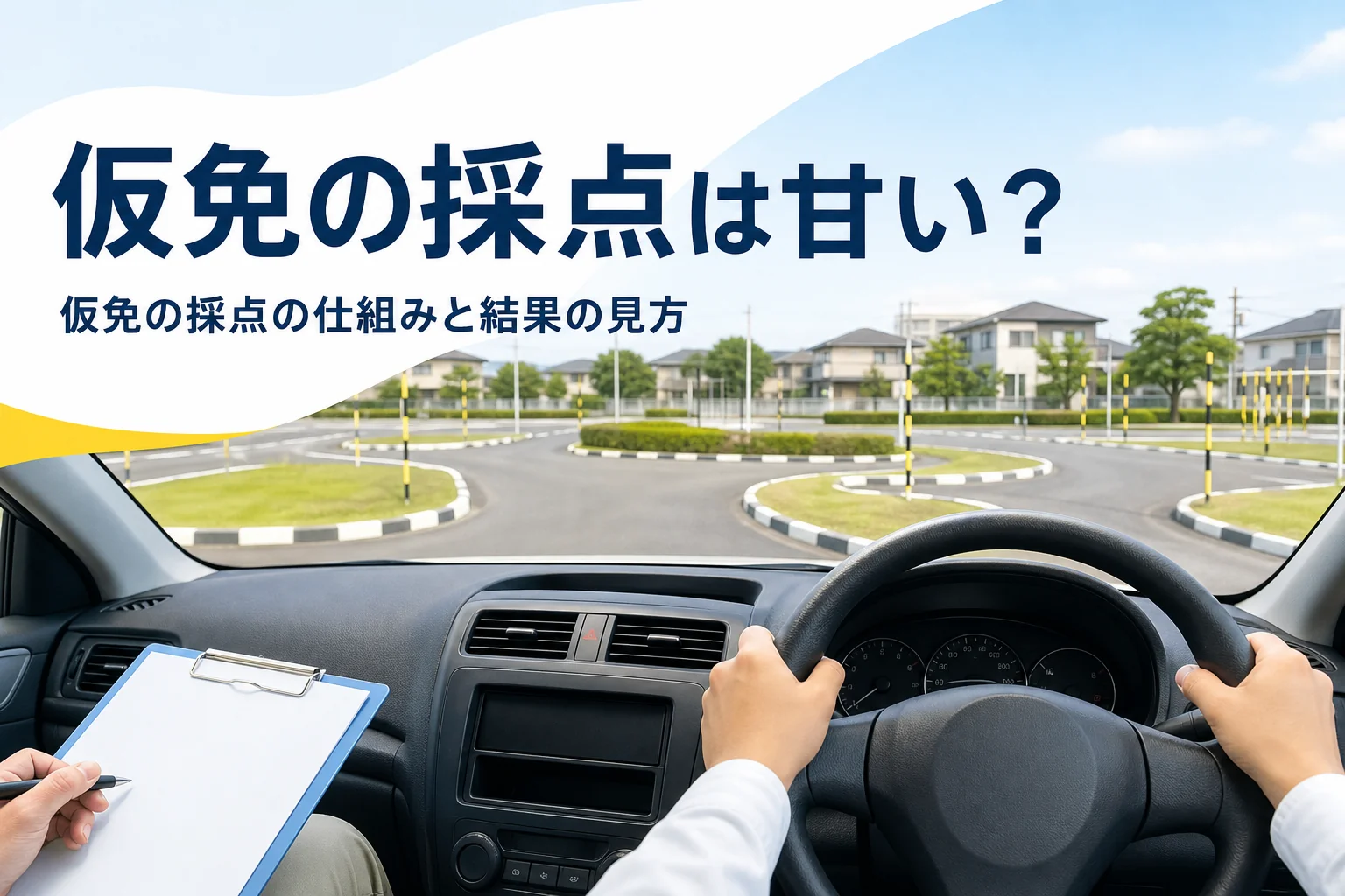 仮免の採点は甘いのかを、技能検定の採点の仕組みから紹介する記事のアイキャッチ。教習車の運転席から見たクランクの入口