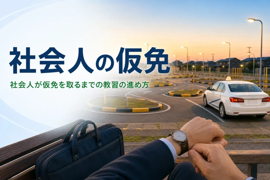 社会人が仕事と両立しながら仮免を取るまでの進め方を紹介する記事のアイキャッチ。夕暮れの教習所のコース