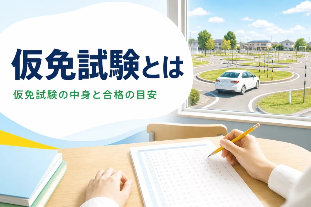仮免試験の学科と技能の内容、合格の目安を紹介する記事のアイキャッチ。学科教室の机と教習所のコース