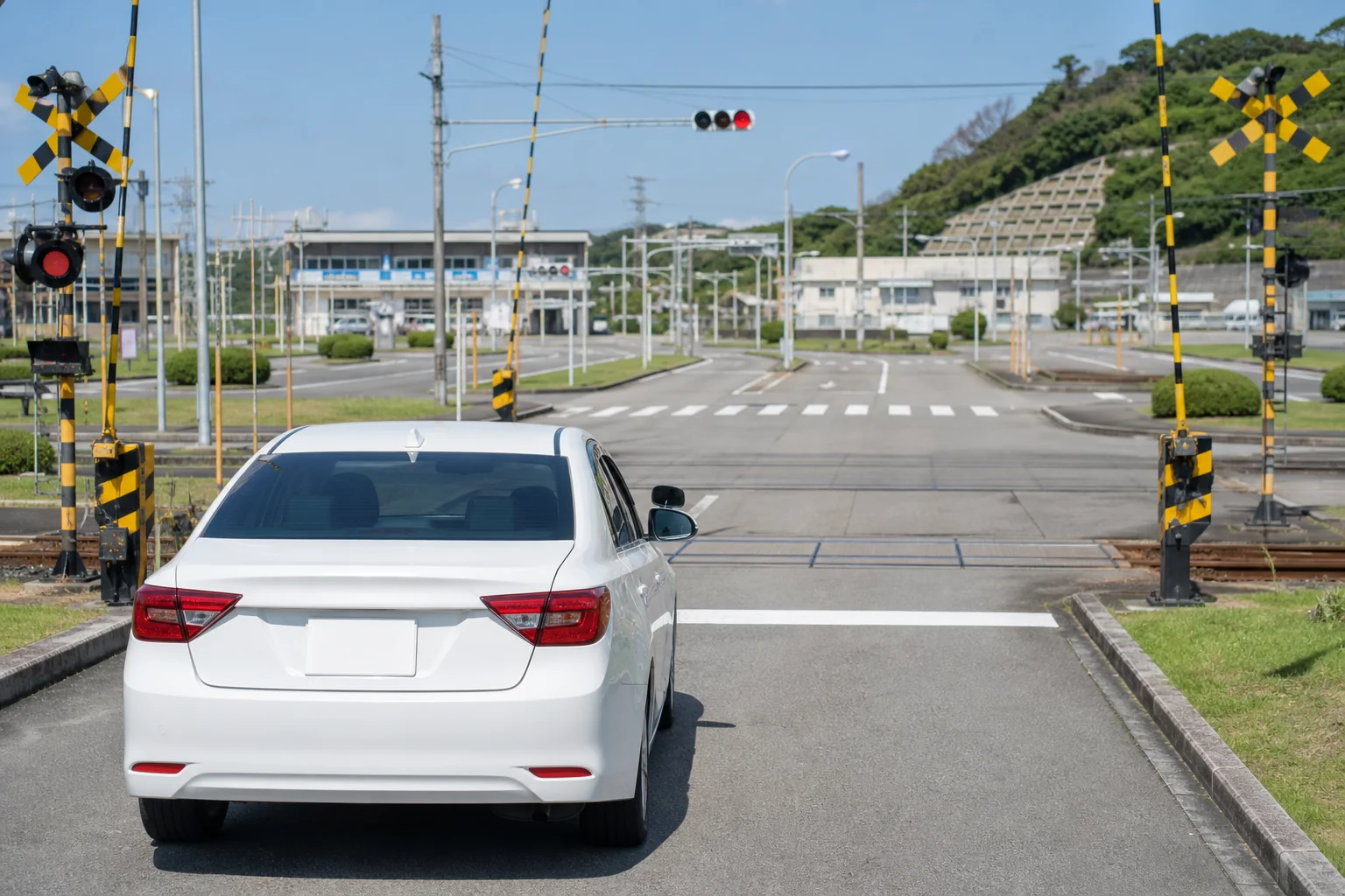 修了検定で走る、教習所内の踏切や横断歩道のあるコースの写真