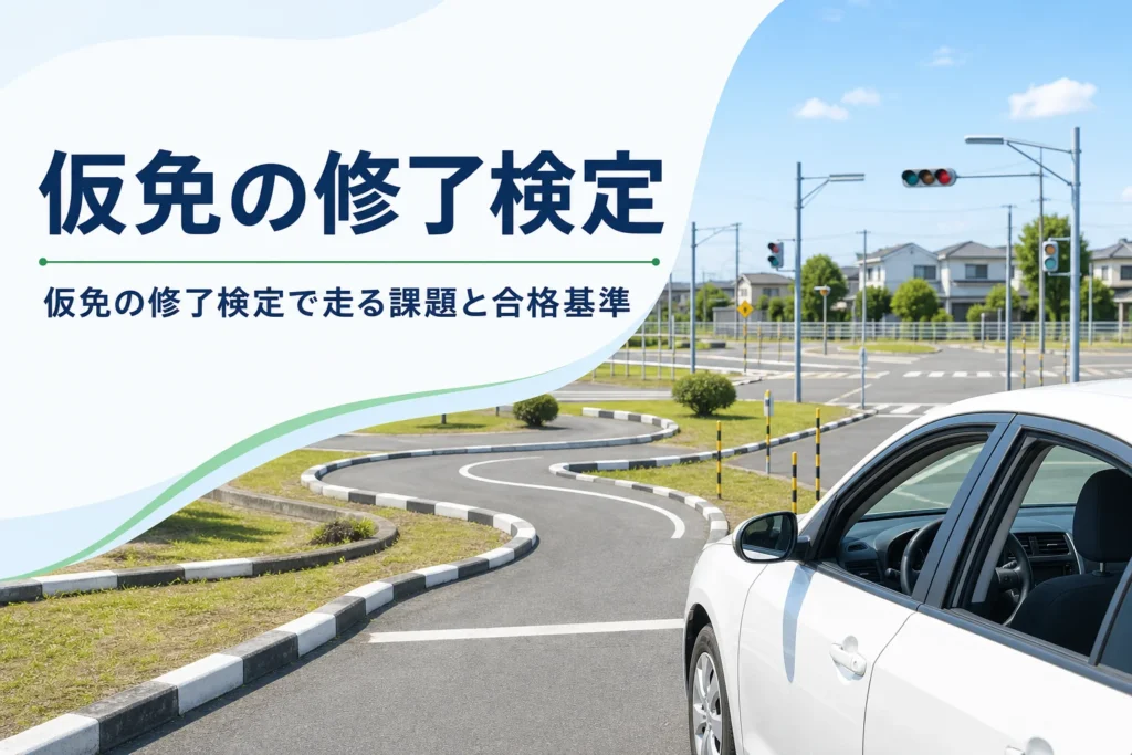 仮免の修了検定の内容と合格基準を紹介する記事のアイキャッチ。晴れた日の教習所のコース