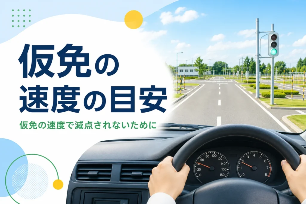 仮免の速度の目安を紹介する記事のアイキャッチ。教習所の周回コースを運転席から見た景色
