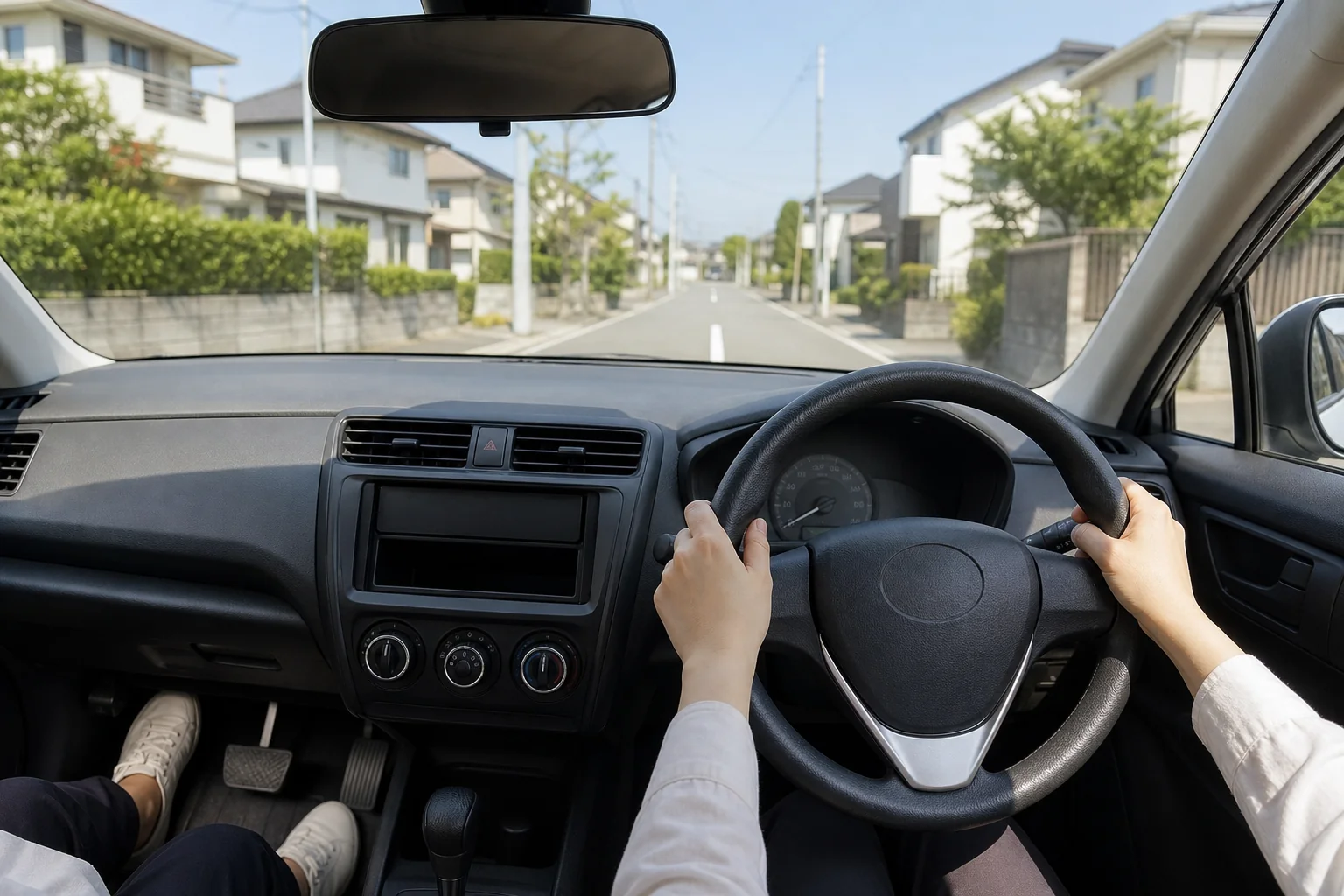 仮免から再入校した後、第二段階の路上教習に出る前の教習車の運転席の写真