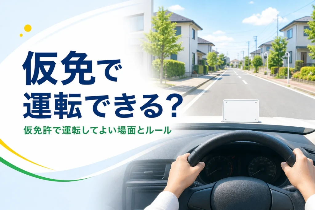 仮免許で運転してよい場面とルールを紹介する記事のアイキャッチ。運転席から見た住宅街の道