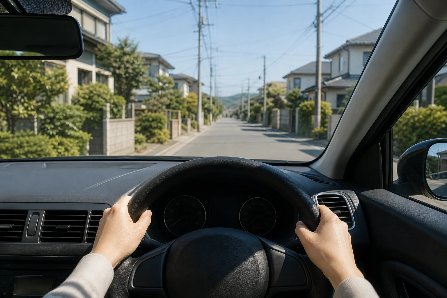 交通量の少ない朝の住宅街の道を、運転席から見た写真