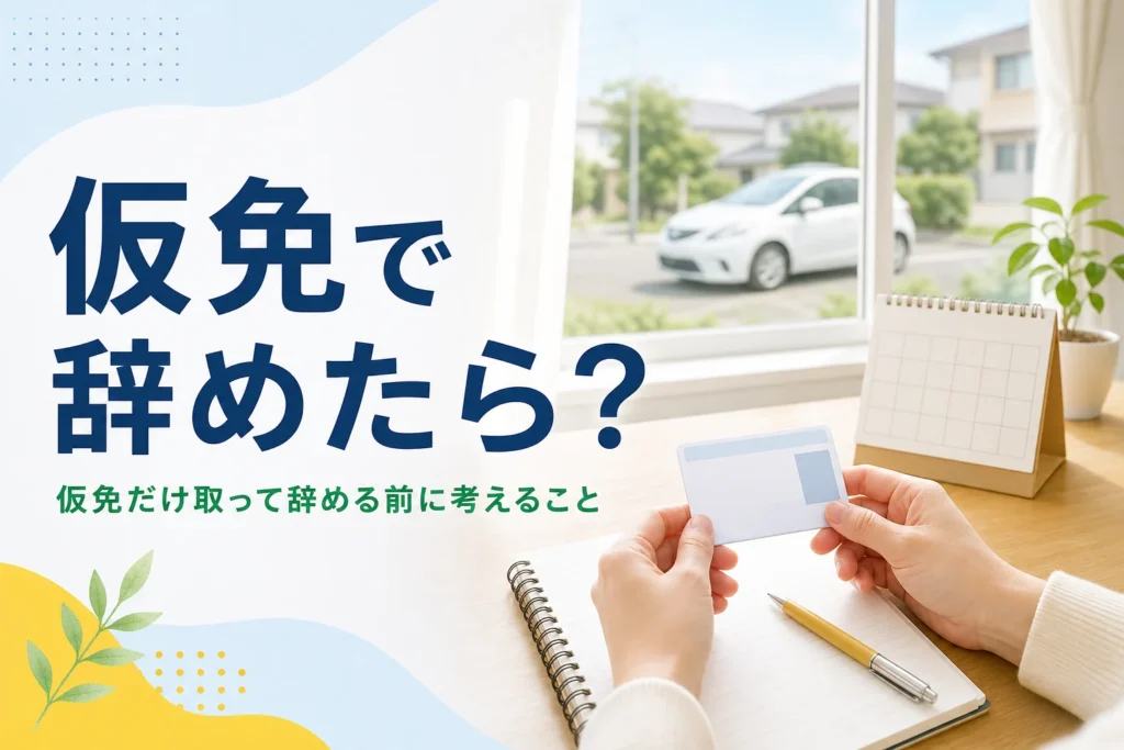 仮免だけ取って教習所を辞める前に考えることを紹介する記事のアイキャッチ。机の上のカードとカレンダー