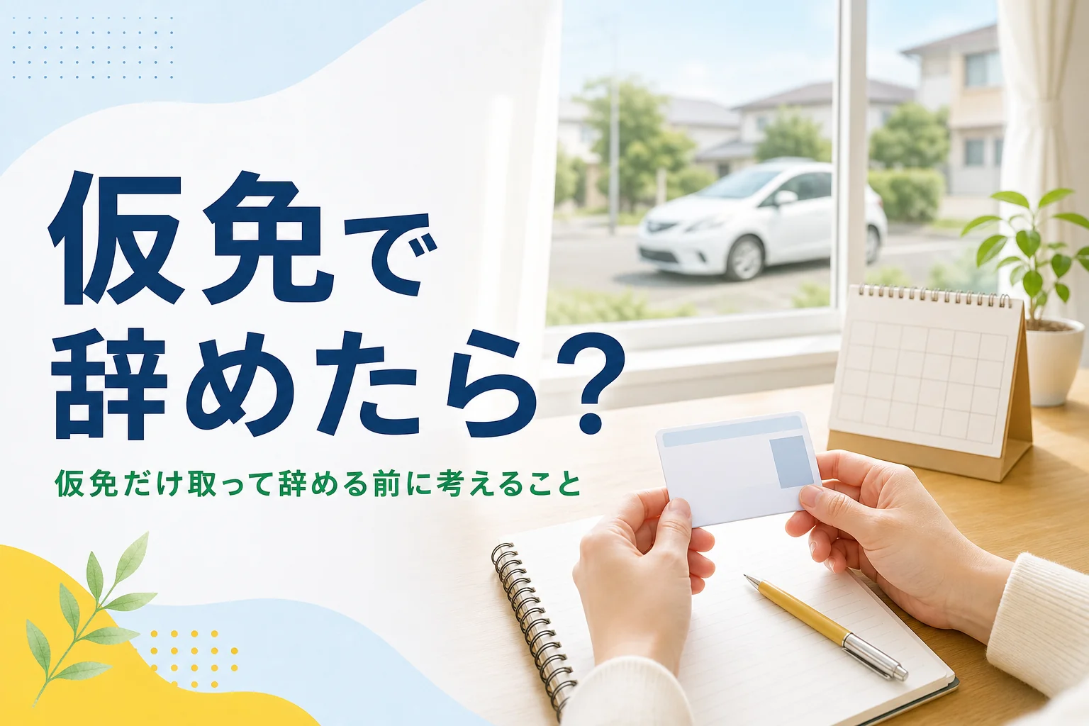 仮免だけ取って教習所を辞める前に考えることを紹介する記事のアイキャッチ。机の上のカードとカレンダー