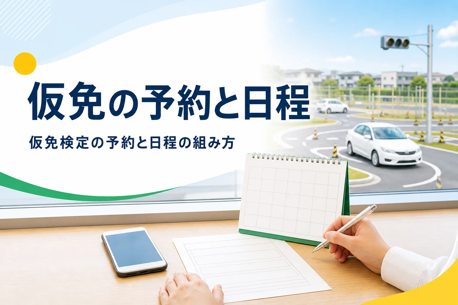 仮免検定の予約の時期と日程の組み方を紹介する記事のアイキャッチ。教習所の受付に置かれたカレンダーと予約票